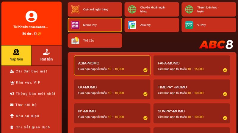 Nạp tiền vào tài khoản ABC8 thông qua Momo Pay